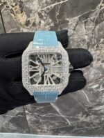 Cartier Santos Full White Ice Skeleton Diamond Watch with Ice Blue Leather Strap