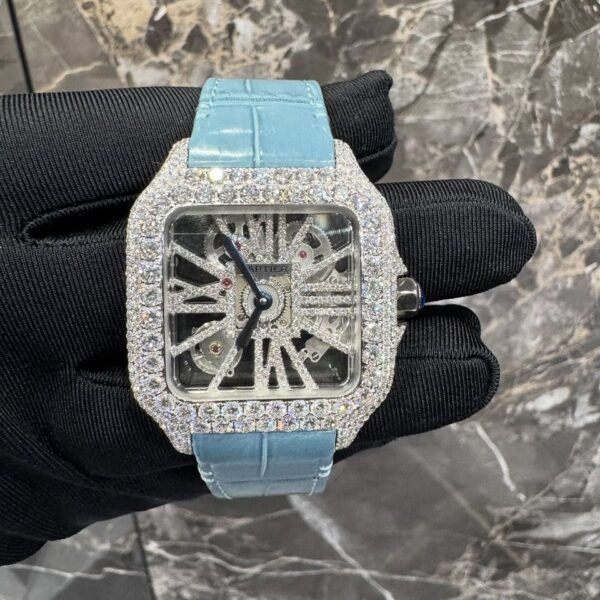 Cartier Santos Full White Ice Skeleton Diamond Watch with Ice Blue Leather Strap