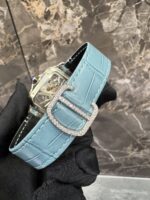 Cartier Santos Full White Ice Skeleton Diamond Watch with Ice Blue Leather Strap - Image 2