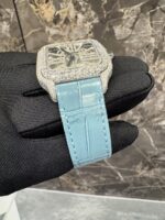 Cartier Santos Full White Ice Skeleton Diamond Watch with Ice Blue Leather Strap - Image 3