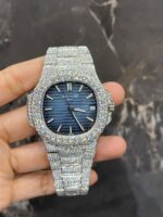 Patek Philippe Full White Ice Diamond Watch with Blue Dial