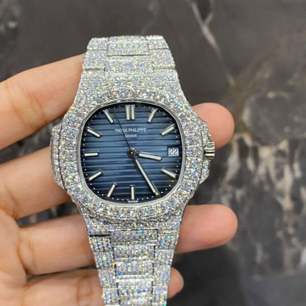 Patek Philippe Full White Ice Diamond Watch with Blue Dial