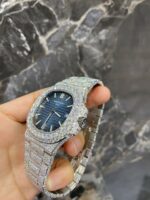 Patek Philippe Full White Ice Diamond Watch with Blue Dial - Image 2