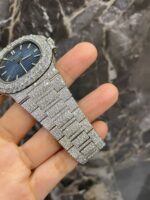 Patek Philippe Full White Ice Diamond Watch with Blue Dial - Image 3