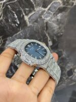 Patek Philippe Full White Ice Diamond Watch with Blue Dial - Image 6