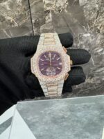 Patek Philippe Rose Gold Full White Ice Chronograph Watch (Burgundy Dial)
