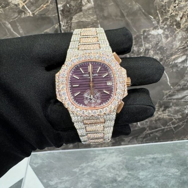 Patek Philippe Rose Gold Full White Ice Chronograph Watch (Burgundy Dial)