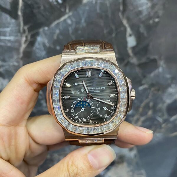 Patek Philippe Rose Gold Baguette Full White Ice Moonphase Watch