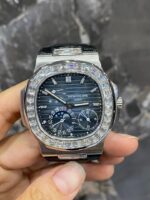 Patek Philippe Full White Ice Baguette Bezel Moonphase Watch (Black Dial)