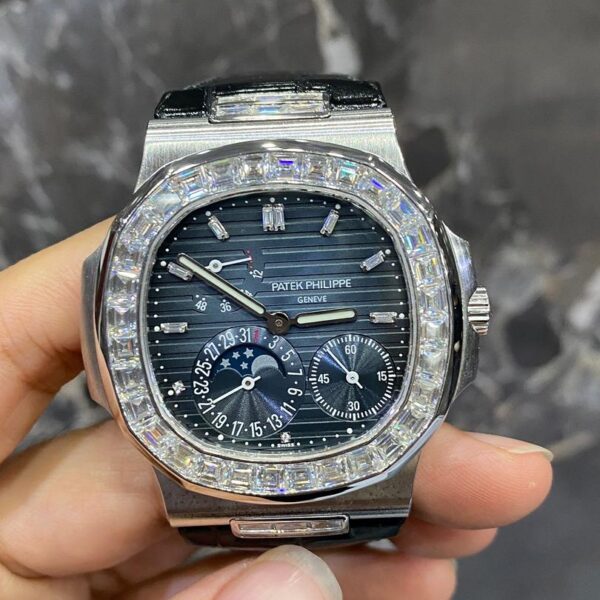 Patek Philippe Full White Ice Baguette Bezel Moonphase Watch (Black Dial)