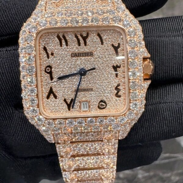 Cartier Santos Rose Gold Full White Ice Diamond Watch (Arabic Dial)