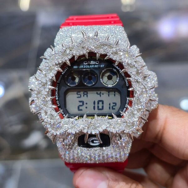 Iced Out Red G-Shock Watch with Moissanite Stones