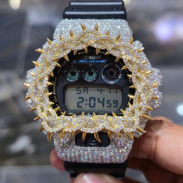 Spiked Iced G-Shock with Moissanite Stones and Gold Accents