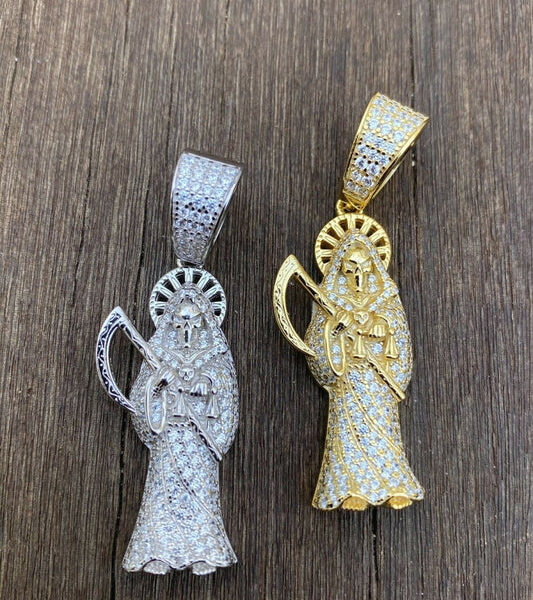 MOISSANITE Grim Reaper Pendant - 14k Gold Vermeil or 925 Silver - Medium 1.75"
