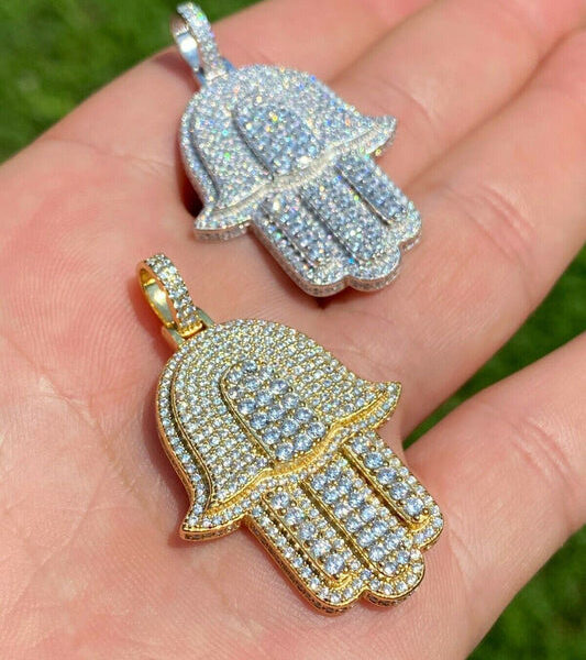 MOISSANITE Hip Hop Hamsa Hand Pendant - 14k Gold Vermeil Or 925 Silver - Small 1.5"