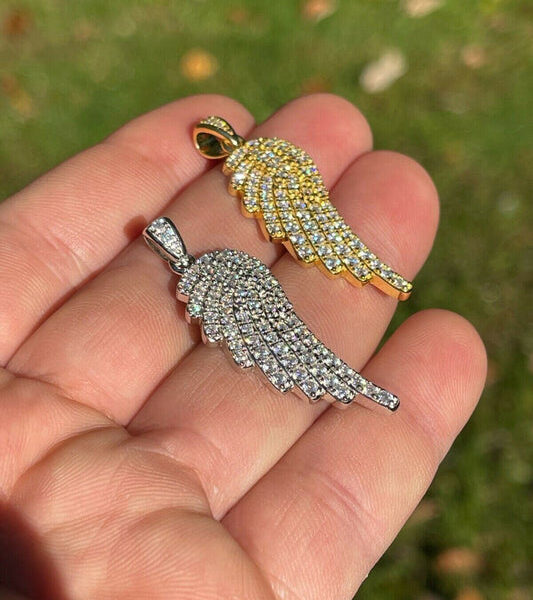 MOISSANITE Angel Wing  Iced Out Pendant - 14k Yellow Gold Vermeil or 925 Silver - Small 1.5"