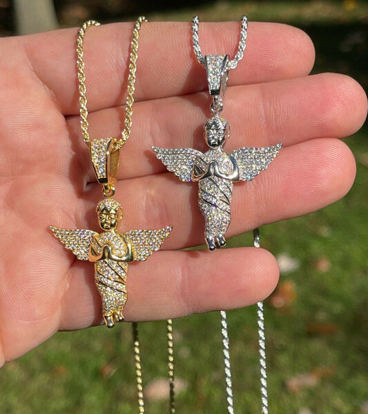 MOISSANITE Hip Hop Praying Baby Guardian Angel Pendant - 14k Yellow Gold Vermeil Or 925 Silver - Medium 2"