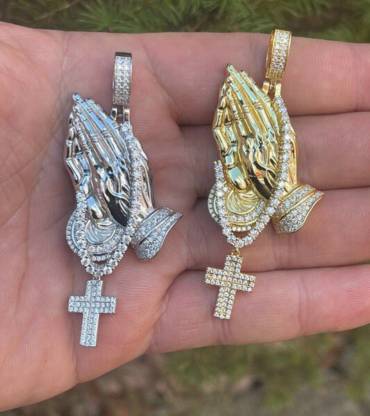 MOISSANITE Praying Hands Cross Pendant - 14k Gold Vermeil Or 925 Silver - Large 3"