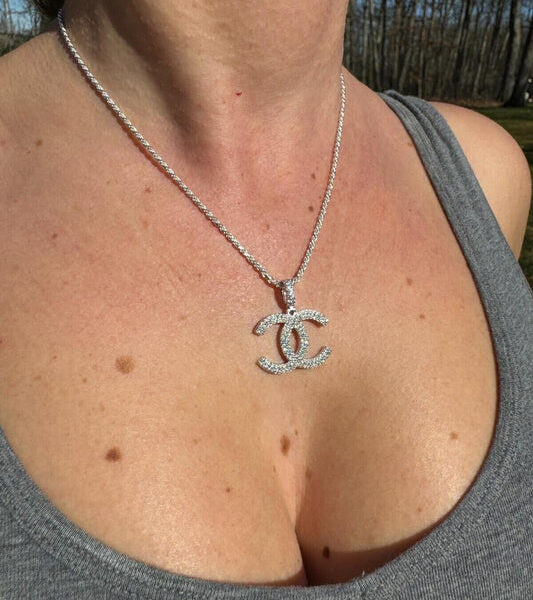 MOISSANITE Double C Fashionista Iced Out Pendant - 14k Yellow/Rose Gold Vermeil Or 925 Silver - Small 1"