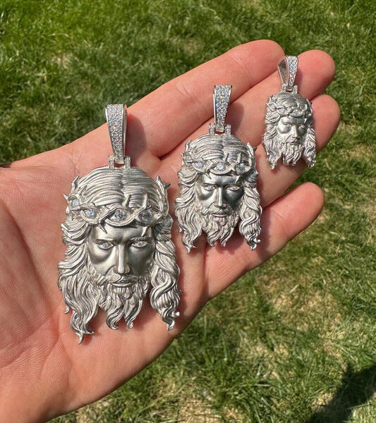 MOISSANITE #1 Bestseller Jesus Piece Pendant - Sandblasted Matte Finish 925 Silver - 3 Sizes 1.5"-3"