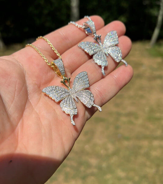 MOISSANITE  Butterfly Iced Out Pendant- 14k Gold Vermeil Or 925 Silver - Medium 2"