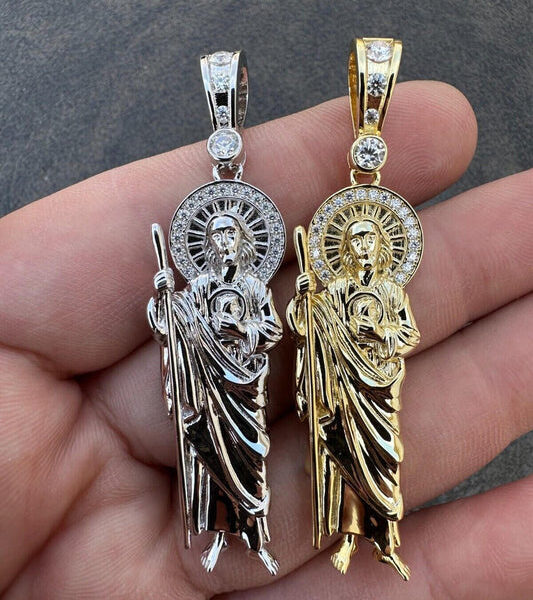 MOISSANITE St Jude Tadeo Iced Pendant - 14k Gold Vermeil Or 925 Silver - Large 2.5"