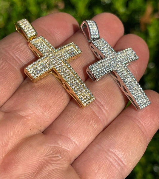 MOISSANITE Bust Down Hip Hop Cross Pendant - 14k Yellow Gold Vermeil Or 925 Silver - Medium 2"