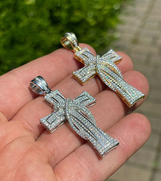 MOISSANITE 90s Classic Bust Down Cross - 14k Yellow Gold Vermeil Or 925 Silver - Medium 2"