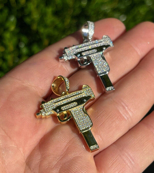 MOISSANITE Iced Out Uzi Gun Pendant - 14k Gold Vermeil Or 925 Silver - Small 1.5"