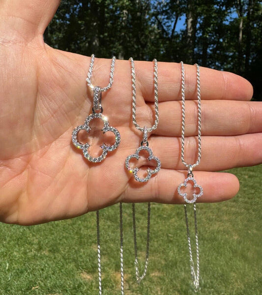 MOISSANITE Open Clover Flower Pendant - 925 Silver - 3 Sizes 0.75"-1.5"