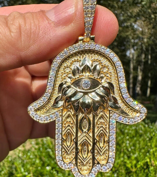 MOISSANITE Hamsa Evil Eye Hand Pendant - 14k Gold Vermeil 925 Silver - 3 Sizes 1.25"-2.75"