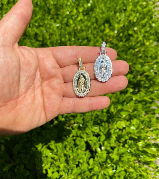 MOISSANITE Virgin Mary Iced Medallion Pendant - 14k Yellow Gold Vermeil Or 925 Silver - Small 1.75"