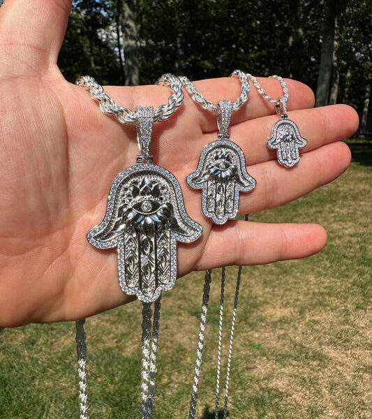 MOISSANITE Hamsa Evil Eye Hand Pendant - 925 Silver - 3 Sizes 1.25"-2.75"