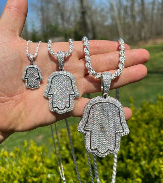 MOISSANITE Hamsa Hand Iced Out Pendant - 925 Silver - 3 Sizes 1.25"-3.25"