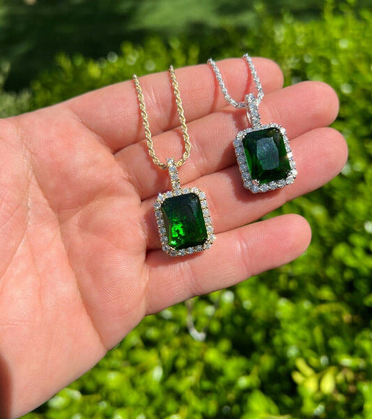 MOISSANITE Simulated Green Emerald Diamond Pendant - 14k Gold Vermeil Or 925 Silver - Small 1.5"