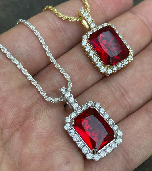 MOISSANITE Simulated Red Ruby Diamond Pendant - 14k Gold Vermeil Or 925 Silver - Small 1.5"