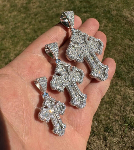 MOISSANITE Baguette Gothic Tupac Cross Pendant - 925 Silver - 3 Sizes 1.5"-2.75"