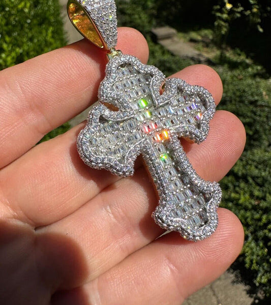 MOISSANITE Baguette Gothic Tupac Cross Pendant - 14k Gold Vermeil 925 Silver - 3 Sizes 1.5"-2.75"