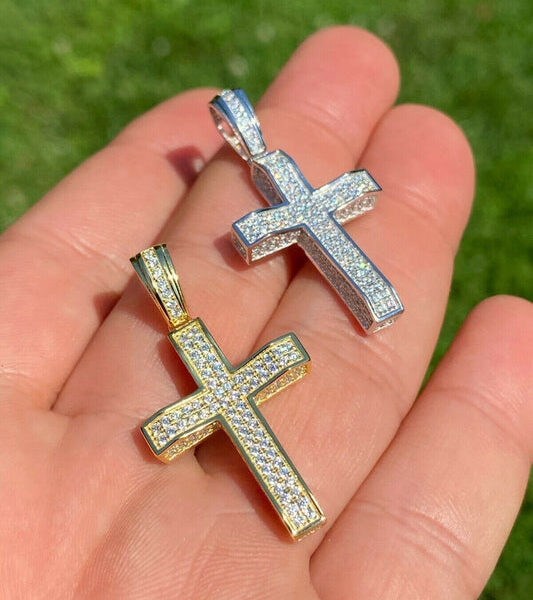 MOISSANITE Micropaved Iced Out Cross Pendant - 14k Yellow Gold Vermeil Or 925 Silver - Small 1.5"