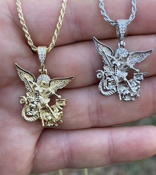 MOISSANITE Saint Michael Archangel Slaying Dragon Pendant - 14k Yellow Gold Vermeil Or 925 Silver - Small 1.33"
