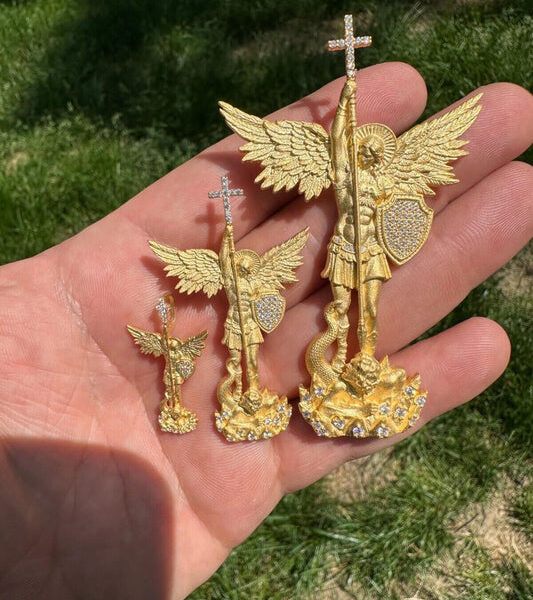 MOISSANITE Saint Michael Slaying Dragon Archangel Pendant - Sandblasted Matte Finish 14k Gold Vermeil 925 Silver - 3 Sizes 1"-3"