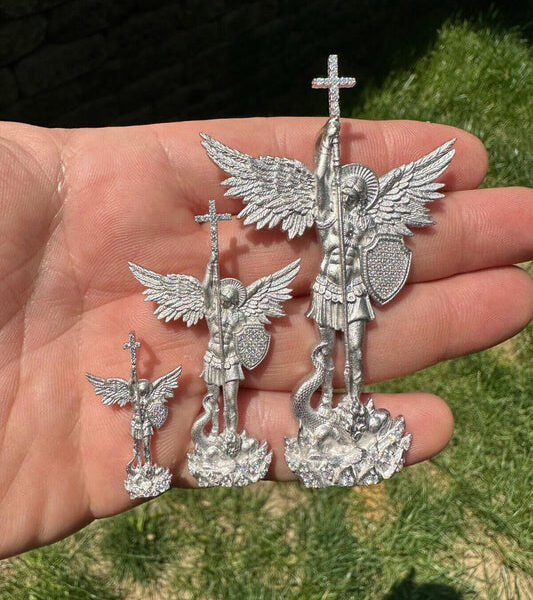 MOISSANITE Saint Michael Slaying Dragon Archangel Pendant - Sandblasted Matte Finish 925 Silver - 3 Sizes 1"-3"
