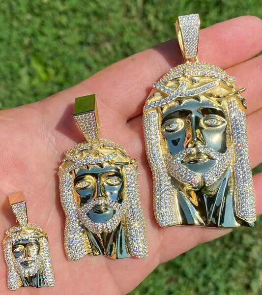 MOISSANITE Iced Out Hip Hop Jesus Face Pendant - 14k Yellow Gold Vermeil 925 Silver - 3 Sizes 1"-3"