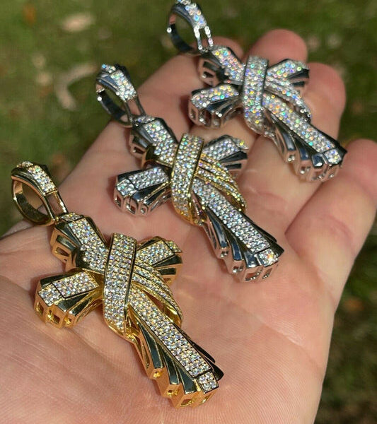 MOISSANITE Hip Hop Iced Crossover Cross Pendant- 14k Gold Vermeil Or 925 Silver - Large 3"