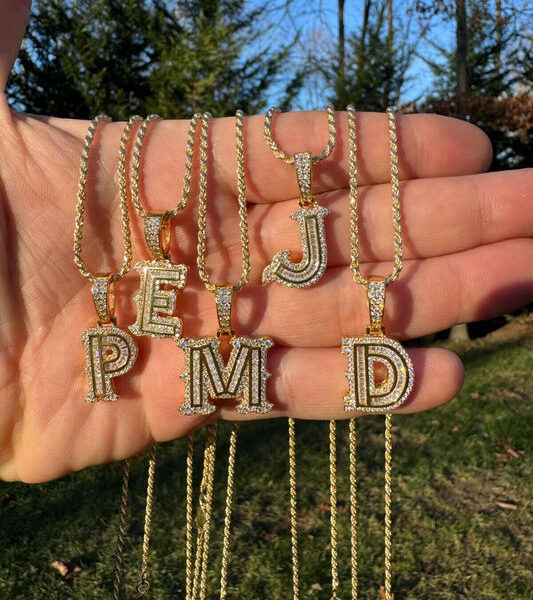 MOISSANITE A - Z Initials Gothic Letter Iced Out Pendant - 14k Yellow Gold Vermeil Or 925 Silver - Small 1.25"