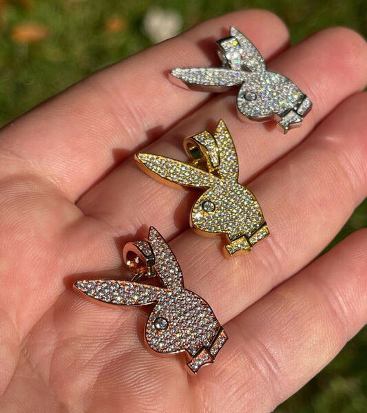 MOISSANITE Playboy Bunny Hip Hop Pendant - 14k Yellow/Rose Gold Vermeil Or 925 Silver - CZ Stones - Small 1"