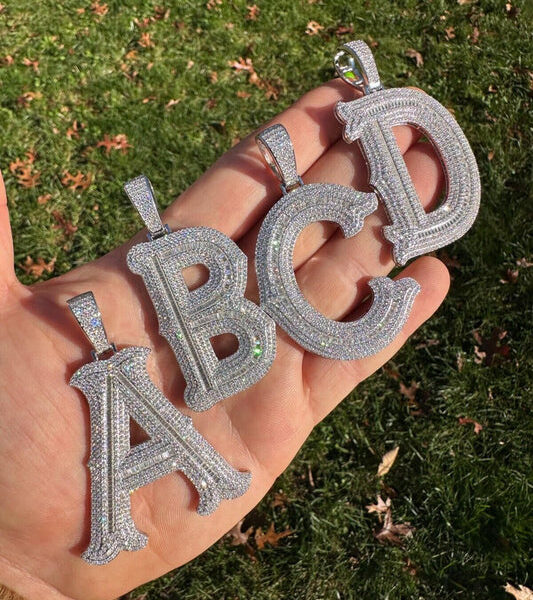 MOISSANITE A - Z Initials Gothic Letter Iced Out Pendant - 925 Silver - Large 2.75"