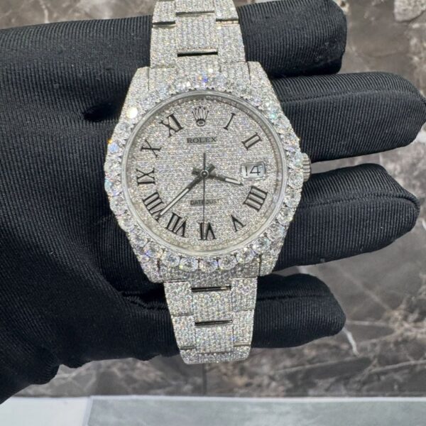 Custom Diamond-Encrusted Rolex Datejust Watch with Roman Numerals