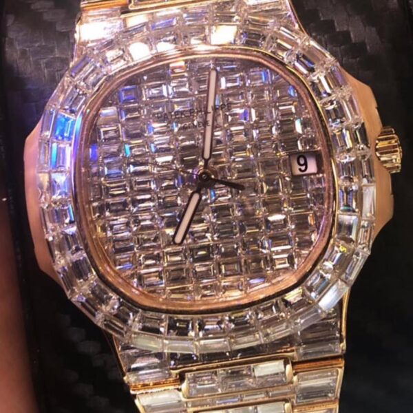 Patek Philippe Rose Gold Diamond-Studded Watch with Baguette Diamonds