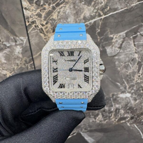 Cartier Santos Watch with Blue Rubber Strap – Luxury Men’s Timepiece